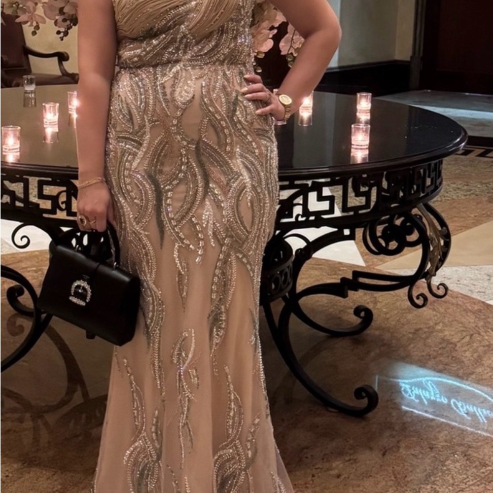 Jovani Champagne Beaded Maxi Gown